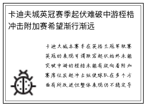 卡迪夫城英冠赛季起伏难破中游桎梏冲击附加赛希望渐行渐远 卡迪夫城英冠赛季起伏难破中游桎梏冲击附加赛希望渐行渐远